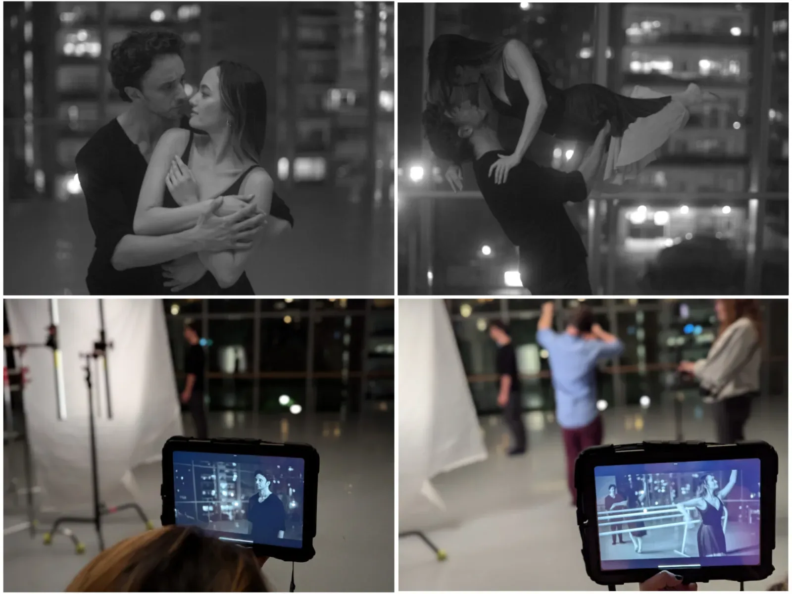 Collage of film stills and behind-the-scenes shots from a dance film shoot