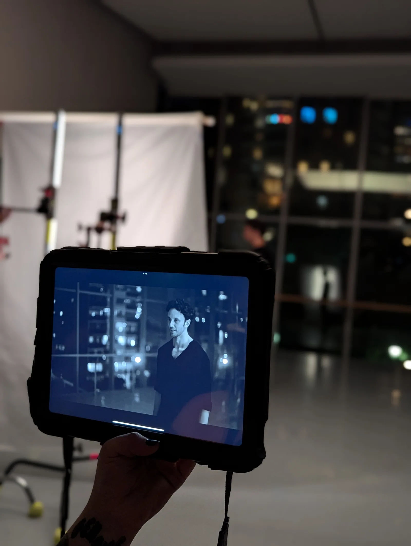 Behind the scenes: Kealan McLaughlin framed on a director's monitor