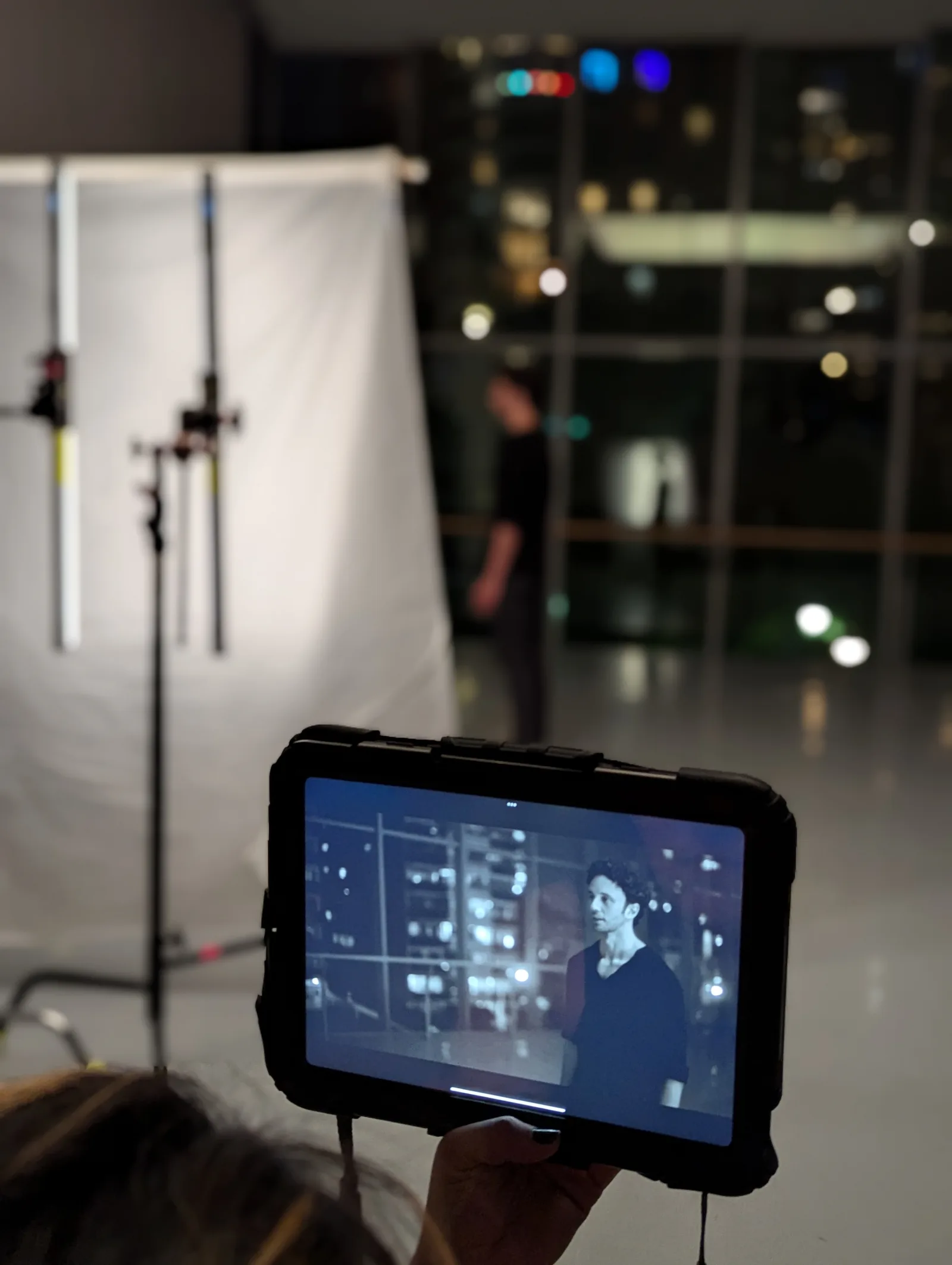 Behind the scenes: monitor view of Kealan McLaughlin on set